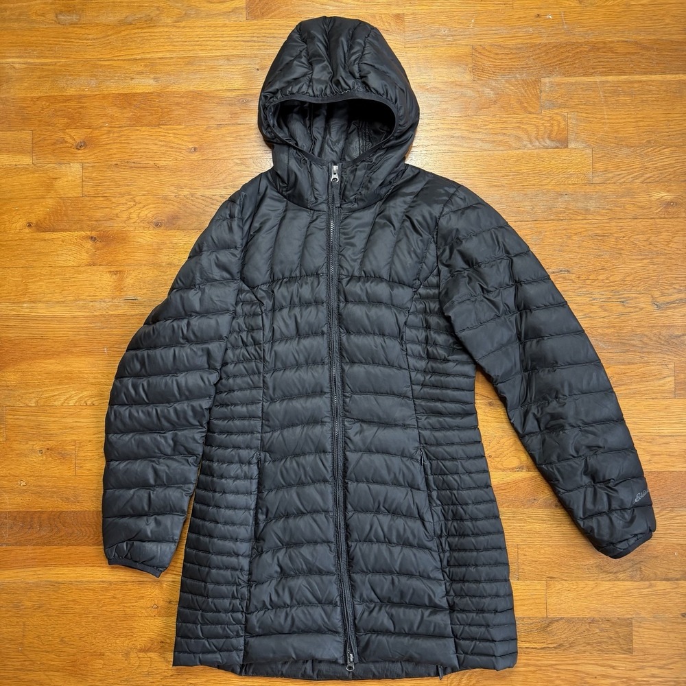 Eddie Bauer Astoria Down Jacket Womens Small Black Quilted Hooded Puffer Parka